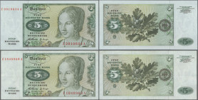 Deutschland - Bank Deutscher Länder + Bundesrepublik Deutschland: BBk I, 1960, zwei Ersatznoten 5 DM, einmal mit KN Z1848969A (Ro.262f, F/F+) und einm...