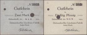 Deutschland - Notgeld - Niedersachsen: Notgeld von 1914, Delmenhorst, Deutsche Linoleum-Fabrik, 50 Pf., 2 Mark, 14.8.1914, dito, Deutsche Linoleum-Wer...