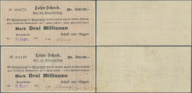 Deutschland - Notgeld - Rheinland: Remscheid, Adolf von Hagen, 3 Mio. Mark, 11.9.1923, 19.9.1923, Tag und Monat gestempelt, Lohn-Schecks auf Reichsban...
