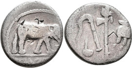 Gaius Iulius Caesar (49/48 v.Chr.): AR-Denar, 3,54 g, Feldmünzstätte Caesars 49 - 48, Spanien oder Gallien. Elefant mit erhobenem Rüssel zertritt Schl...