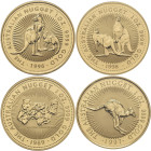 Australien: Elizabeth II. 1952-2022: 100 Dollars 1989-1998. Jahrgang 1989 mit Motiv Nugget (KM# 92), die Jahrgänge 1990-1998 mit Känguru / Kangaroo (a...