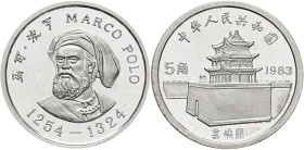 China - Volksrepublik: 5 Jiao 1983 Marco Polo. 2,2g 900/1000 Silber. Sehr selten, Auflage nur 7.050 Stück. KM# 65. Mit MDM Zertifikat. Polierte Platte...