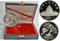 China - Volksrepublik: 50 Yuan 1989, 5 OZ Silber Panda, in Kapsel, noch original eingeschweisst, im Holzlacketui mit chinesischem Zertifikat, mit Papp...