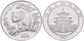 China - Volksrepublik: 10 Yuan 1997, China Panda 1 OZ Silber. KM# 986 (Y# 715), Wieschowski-Chou P233B, Variante small Date / Eins in Jahreszahl mit U...