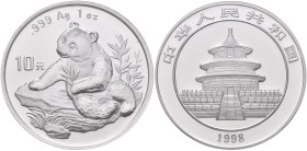 China - Volksrepublik: 10 Yuan 1998, China Panda 1 OZ Silber. KM# 1126 (Y# 969), Wieschowski-Chou P249B, Variante small Date / Eins mit Unterstrich, S...