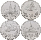 Laos: 4 x 50 Kip 1985, 10 Jahre Demokratische Republik. KM# 25-28. Je 38,2 g, 900/1000 Silber. In einer Luxuskassette, mit Zertifikat (COA) Nr. 622 un...