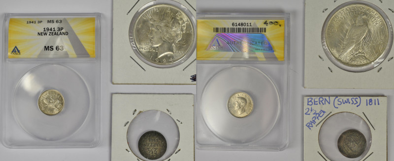 Alle Welt: Kleines Lot 3 Münzen, dabei Neuseeland mit 3 Pence 1941 (ANACS MS 63)...
