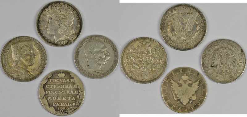 Alle Welt: Lot 4 Stück, 5 Corona 1900, 5 Lati 1931, Rubel 180?, Morgan Dollar 18...