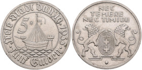 Danzig: 5 Gulden 1935 Kogge. Jaeger D19. 10,96 g. Nickel. Kleine Randfehler, winzige Kratzer, fast vorzüglich.
 [differenzbesteuert]
