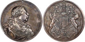 1814 George III Indian Peace Medal. Silver. First Size. Adams-12.1. Unc Details--Holed (NGC).
75.5 mm. 1871.1 grains. Missing the original suspension...