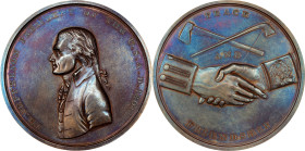 "1801" (ca. 1861-1886) Thomas Jefferson Indian Peace Medal. Bronze. Second Size. Julian IP-3, Prucha-39. Original Dies. MS-62 BN (NGC).
75 mm. Gently...