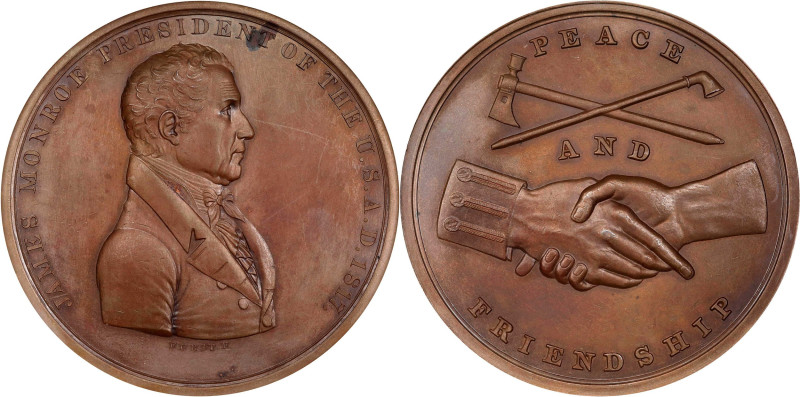 1817 James Monroe Indian Peace Medal. Bronze. Second Size. Julian IP-9, Prucha-4...
