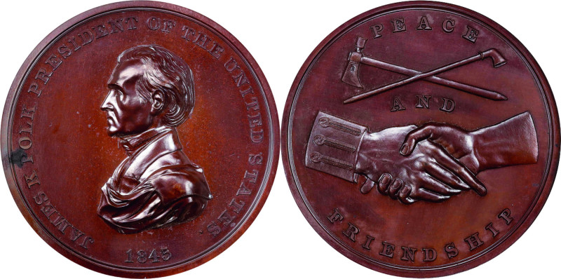 1845 James K. Polk Indian Peace Medal. Bronze. Second Size. Julian IP-25, Prucha...