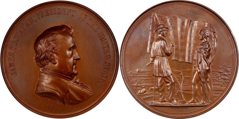 1857 James Buchanan Indian Peace Medal. Bronze. First Size. Julian IP-36, Prucha...