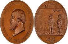 1877 Rutherford B. Hayes Indian Peace Medal. Copper, Bronzed. The Only Size. Julian IP-43, Prucha-54. MS-67 BN (NGC).
76 mm x 59 mm, oval. An outstan...