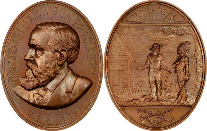 1889 Benjamin Harrison Indian Peace Medal. Copper, Bronzed. Julian IP-47, Prucha...