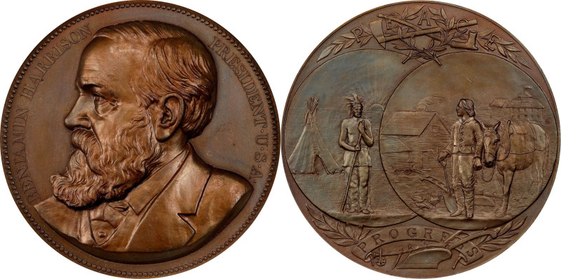 1889 Benjamin Harrison Indian Peace Medal. Copper, Bronzed. Julian IP-48, Prucha...