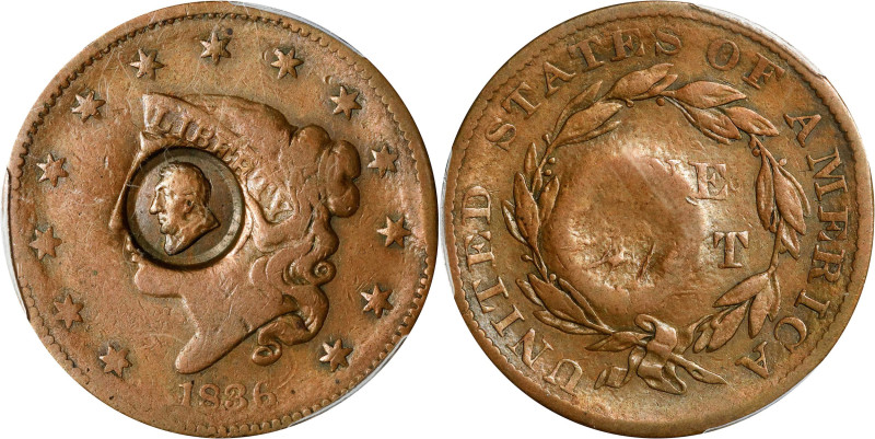 Undated Lafayette Portrait Counterstamp on an 1836 Modified Matron Head Cent. Fi...