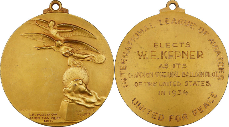 1934 Harmon Trophy, National Trophy Medal. Gilt Bronze. Awarded to W.E. Kepner. ...