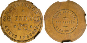 Indiana. 36th Indiana Volunteers. Undated (1861-1865) George Davidson. 25 Cents. Schenkman IN-36-25Ba (IN-G25B), W-IN-220-025b. Rarity-8. Brass. Plain...