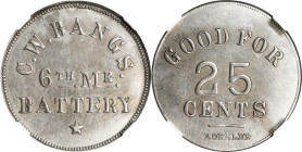 Maine. 6th Maine Battery. Undated (1861-1865) C.W. Bangs. 25 Cents. Schenkman ME-6-25N (ME-A25N), W-LME-100-025J. Rarity-9. Nickel. Plain Edge. AU Det...