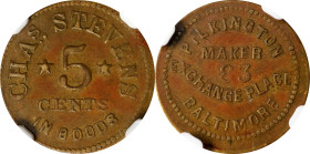 Ohio. 4th Ohio. Undated (1861-1865) Charles Stevens. 5 Cents. Schenkman OH-4b-5B (MD-B5B), W-OH-220-005b. Rarity-9. Brass. Plain Edge. MS-61 (NGC).
1...