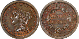 1841 Braided Hair Half Cent. Original. B-1. Rarity-5-. Large Berries. Proof-64 BN (PCGS).
Choice deep chocolate-brown with pleasing mint color highli...