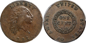 1793 Flowing Hair Cent. Chain Reverse. S-1. Rarity-4. AMERI. VF-25 (PCGS).
Surprisingly for such a scarce and eagerly sought variety as the 1793 Shel...