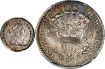 1800 Draped Bust Half Dime. LM-1. Rarity-3. AU-58 (PCGS).
Tinges of reddish-russet and steely-charcoal peripheral iridescence accent the otherwise ol...