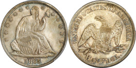1865 Liberty Seated Half Dollar. WB-8. Rarity-3. Repunched Date. MS-66 (PCGS).
This handsome piece exhibits blushes of powder blue and pinkish-russet...