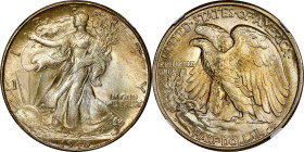 1946-D Walking Liberty Half Dollar. MS-67+ (NGC). CAC.
This lovely Superb Gem exhibits delicate champagne-gold iridescence with splashes of bolder pi...