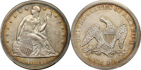 1854 Liberty Seated Silver Dollar. OC-1. Rarity-3+. Repunched Date. AU-55 (PCGS).
A highly desirable Choice AU example of this key date Liberty Seate...