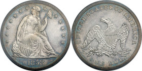 1858 Liberty Seated Silver Dollar. OC-P1. Rarity-4-. Proof-62 (PCGS). OGH.
Superior quality and eye appeal for the assigned grade, this bright, flash...