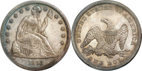 1863 Liberty Seated Silver Dollar. Proof-64 (PCGS). CAC.
A gorgeous specimen whose surfaces exude originality. There is a dusting of light sandy-silv...