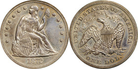 1872-CC Liberty Seated Silver Dollar. OC-1, the only known dies. Rarity-3+. AU-50 (PCGS). OGH.
Uncommon AU preservation for this highly regarded rari...