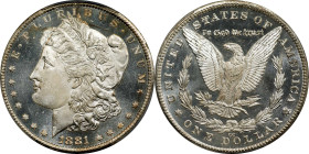 1881-CC Morgan Silver Dollar. MS-66+ DMPL (PCGS). CAC.
Brilliant snowy-white surfaces are fully struck, with intense mint luster that contrasts frost...