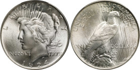 1924 Peace Silver Dollar. MS-67+ (PCGS).
This intensely lustrous and satiny example possesses outstanding quality and surface preservation in an exam...