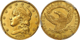 1833 Capped Head Left Quarter Eagle. BD-1, the only known dies. Rarity-5. Unc Details--Cleaned (PCGS).
Relatively pleasing orange-honey color is seen...