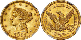 1851 Liberty Head Quarter Eagle. MS-66 (NGC).
An exquisite condition rarity that belongs in the finest collection of Liberty Head gold. Beautiful gol...