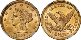 1857 Liberty Head Quarter Eagle. MS-66+ (NGC).
Here is a simply outstanding Gem example of this underrated issue from the early Liberty Head quarter ...