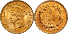 1878 Three-Dollar Gold Piece. MS-65 (PCGS).
A magnificent Gem with lovely, vivid color in deep rose, pale powder blue and warm orange-apricot to both...