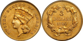 1880 Three-Dollar Gold Piece. MS-64 (PCGS).
Here is a desirable near-Gem quality example of this low mintage circulation strike three-dollar gold iss...
