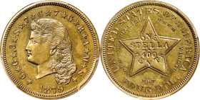 1879 Four-Dollar Gold Stella. Flowing Hair. Judd-1635, Pollock-1833, JD-1. Rarity-3. Gold. Reeded Edge. Proof-61 (PCGS).
Obv: The Flowing Hair design...
