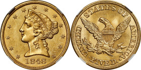 1846 Liberty Head Half Eagle. Large Date. MS-64 (NGC).
Offered is a highly significant coin that is tied for CC#1 for the 1846 Large Date $5 with onl...