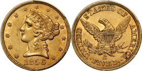 1856-S Liberty Head Half Eagle. MS-61 (PCGS).
Beautiful golden-rose surfaces with full luster in a soft satin to frosty texture. Striking detail is r...