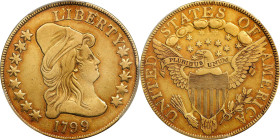 1799 Capped Bust Right Eagle. BD-10, Taraszka-22. Rarity-3. Large Obverse Stars. VF-35 (PCGS).
A seldom offered certified grade for this challenging ...