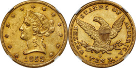 1852-O Liberty Head Eagle. Winter-2. AU-58 (NGC).
This lovely example retains much frosty luster, and the fields are appreciably semi-reflective. Bat...
