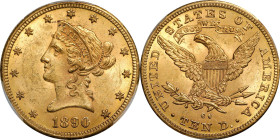 1890-CC Liberty Head Eagle. Winter 1-A, the only known dies. MS-62 (PCGS). CAC.
Gorgeous rose-orange surfaces are fully lustrous with a lovely, satin...