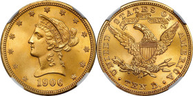 1906-D Liberty Head Eagle. MS-66 (NGC).
This is an exceptionally smooth, highly attractive example of a historic Denver Mint eagle. Richly original s...
