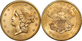 1857-S Liberty Head Double Eagle. Variety-20A. Spiked Shield. S.S. Central America Label. With One Pinch of California Gold Dust. MS-65 (PCGS).
This ...